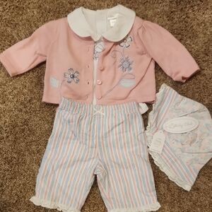 4 Piece Pink Floral Baby Outfit with Striped Pants, Size Newborn, NWT